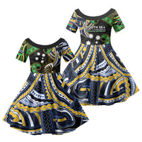 South Sea Islanders And New Caledonia Family Matching Off Shoulder Maxi Dress and Hawaiian Shirt Nautilus Shell Southern Cross Tribal Pattern DT05 Daughter's Dress Black - Polynesian Pride