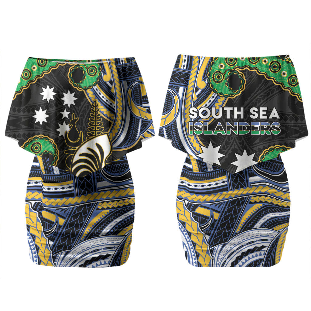 South Sea Islanders And New Caledonia Family Matching Off Shoulder Short Dress and Hawaiian Shirt Nautilus Shell Southern Cross Tribal Pattern DT05 Mom's Dress Black - Polynesian Pride