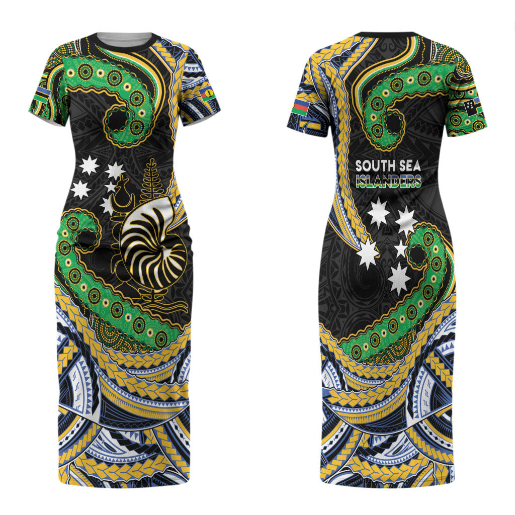 South Sea Islanders And New Caledonia Family Matching Short Sleeve Bodycon Dress and Hawaiian Shirt Nautilus Shell Southern Cross Tribal Pattern DT05 Mom's Dress Black - Polynesian Pride
