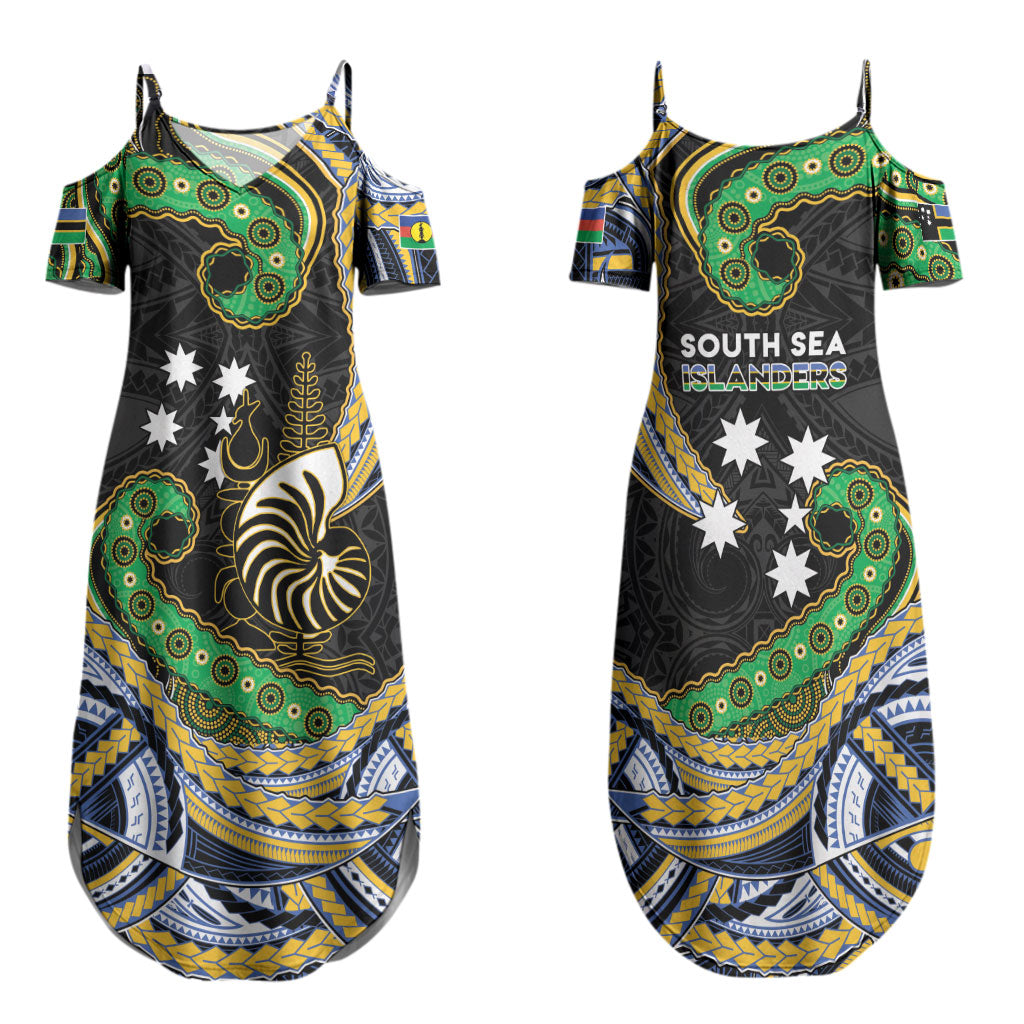 South Sea Islanders And New Caledonia Family Matching Summer Maxi Dress and Hawaiian Shirt Nautilus Shell Southern Cross Tribal Pattern DT05 Mom's Dress Black - Polynesian Pride