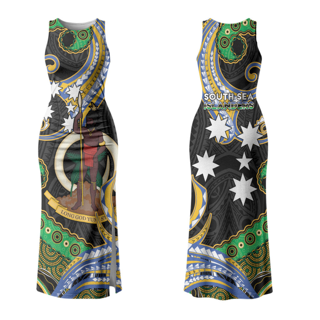 South Sea Islanders And Vanuatu Couples Matching Tank Maxi Dress and Long Sleeve Button Shirt Boar Tusk Warrior Southern Tribal Pattern DT05 - Polynesian Pride