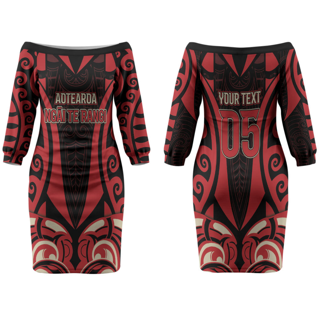 Custom Aotearoa Ngai Te Rangi Family Matching Off The Shoulder Long Sleeve Dress and Hawaiian Shirt New Zealand Traditional Maori Pattern DT05 Mom's Dress Red - Polynesian Pride