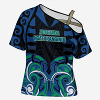 Custom Aotearoa Ngati Ranginui Cross Shoulder Shirt New Zealand Traditional Maori Pattern DT05 Female Navy - Polynesian Pride
