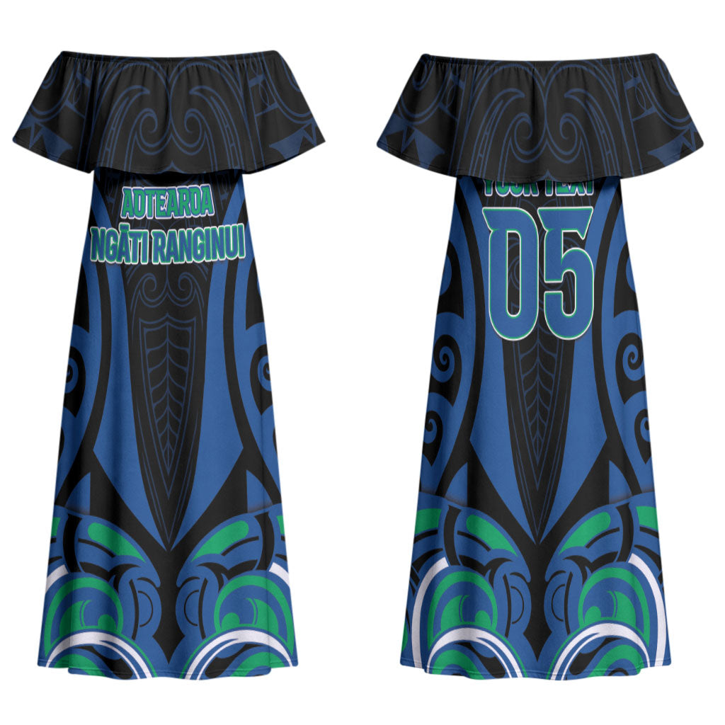 Custom Aotearoa Ngati Ranginui Family Matching Off Shoulder Maxi Dress and Hawaiian Shirt New Zealand Traditional Maori Pattern DT05 Mom's Dress Navy - Polynesian Pride