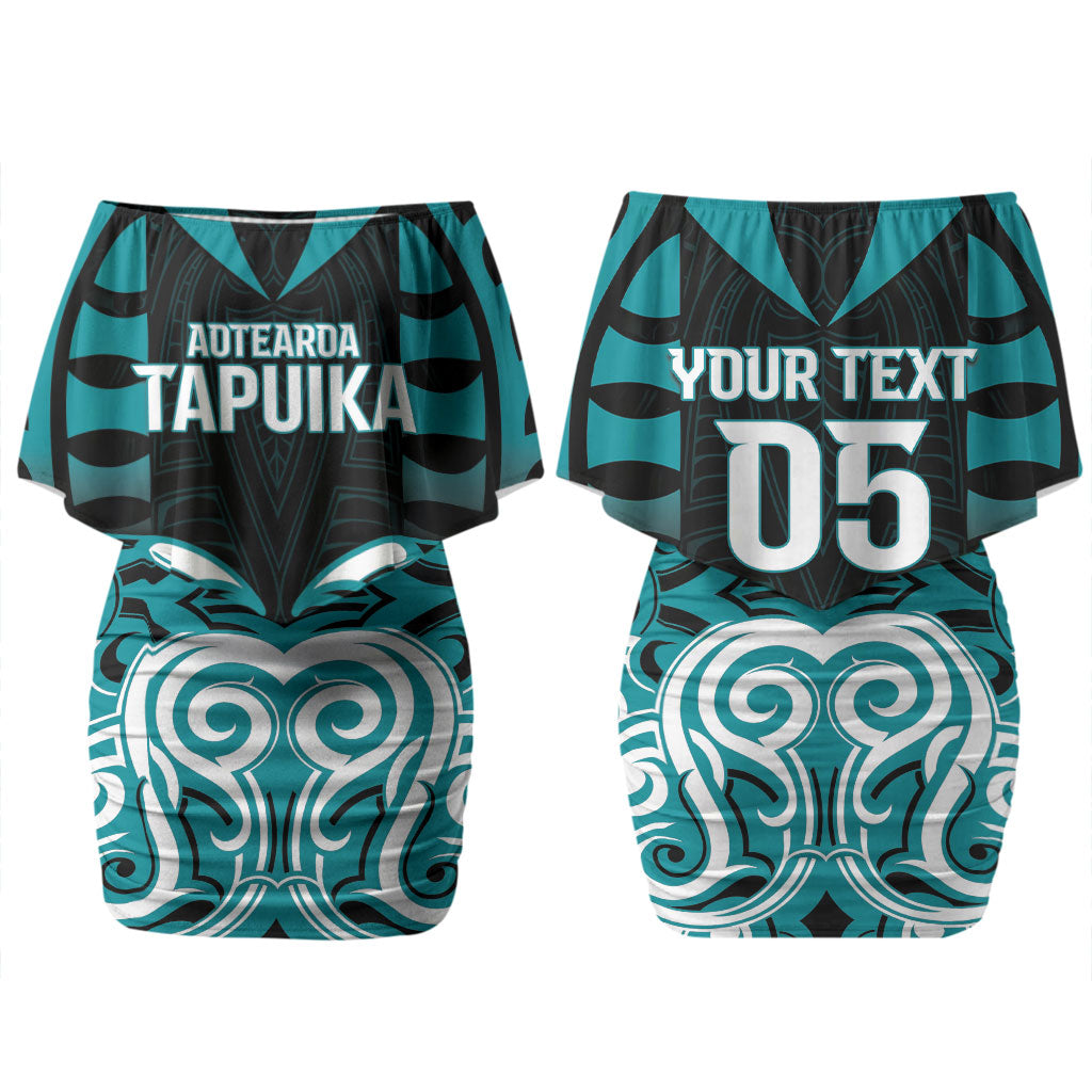 Custom Aotearoa Tapuika Family Matching Off Shoulder Short Dress and Hawaiian Shirt New Zealand Traditional Maori Pattern DT05 Mom's Dress Teal - Polynesian Pride