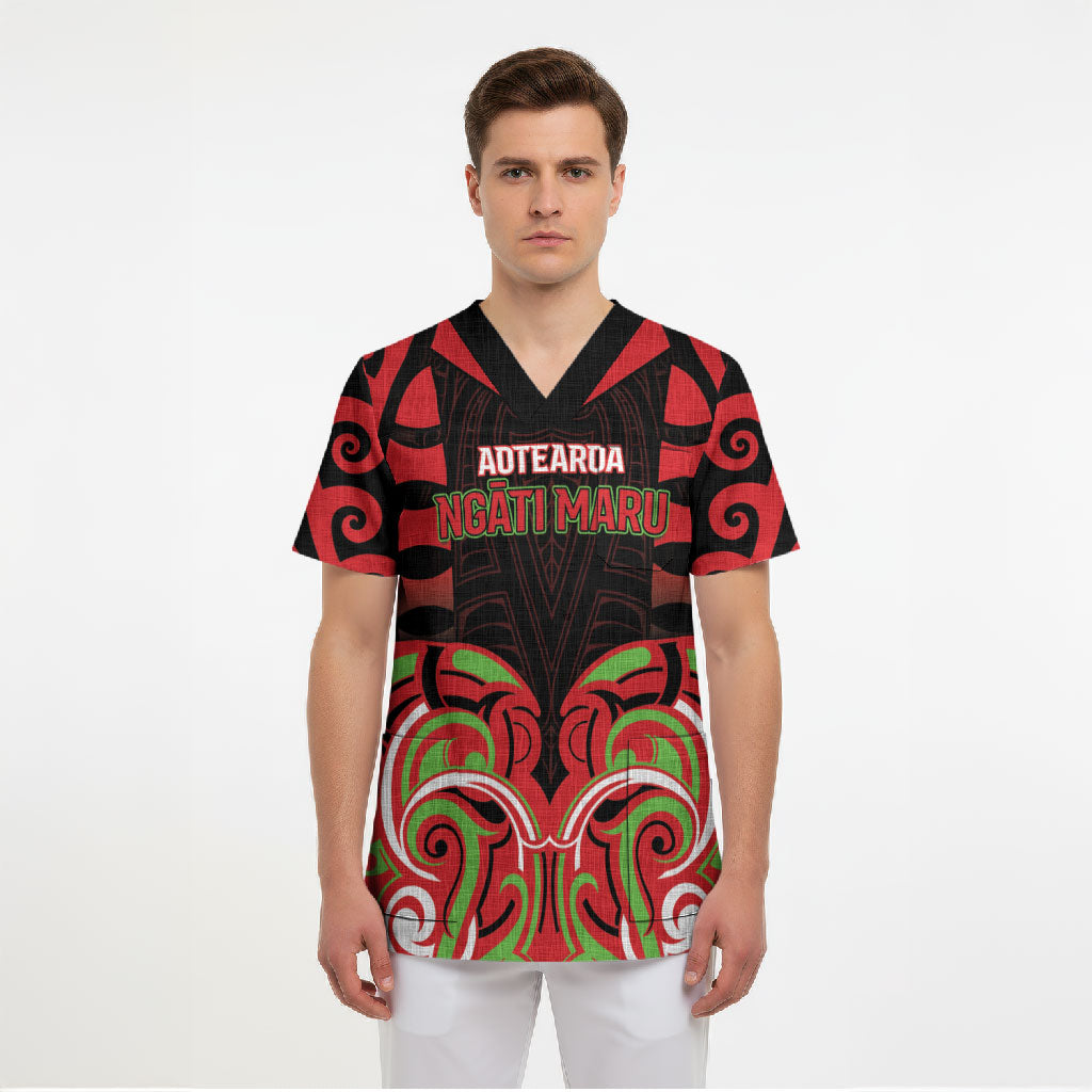 Custom Aotearoa Ngati Maru Scrub Top New Zealand Traditional Maori Pattern DT05 - Polynesian Pride