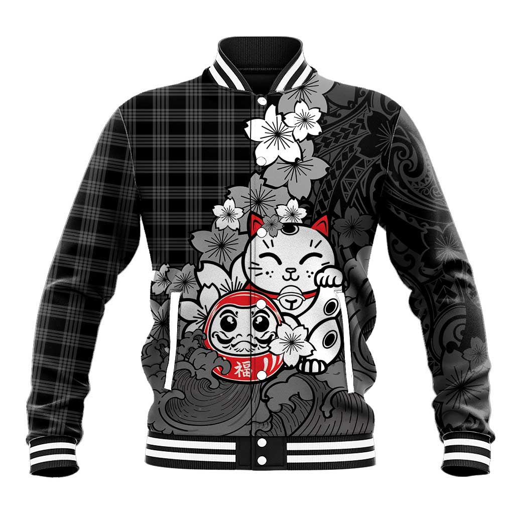 Black Palaka Hawaiian And Japanese Baseball Jacket Maneki Neko And Sakura Bloom