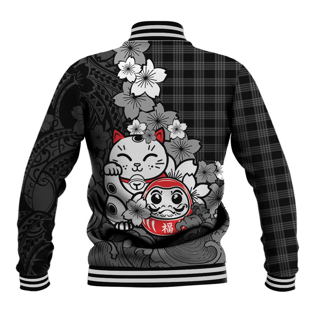 Black Palaka Hawaiian And Japanese Baseball Jacket Maneki Neko And Sakura Bloom