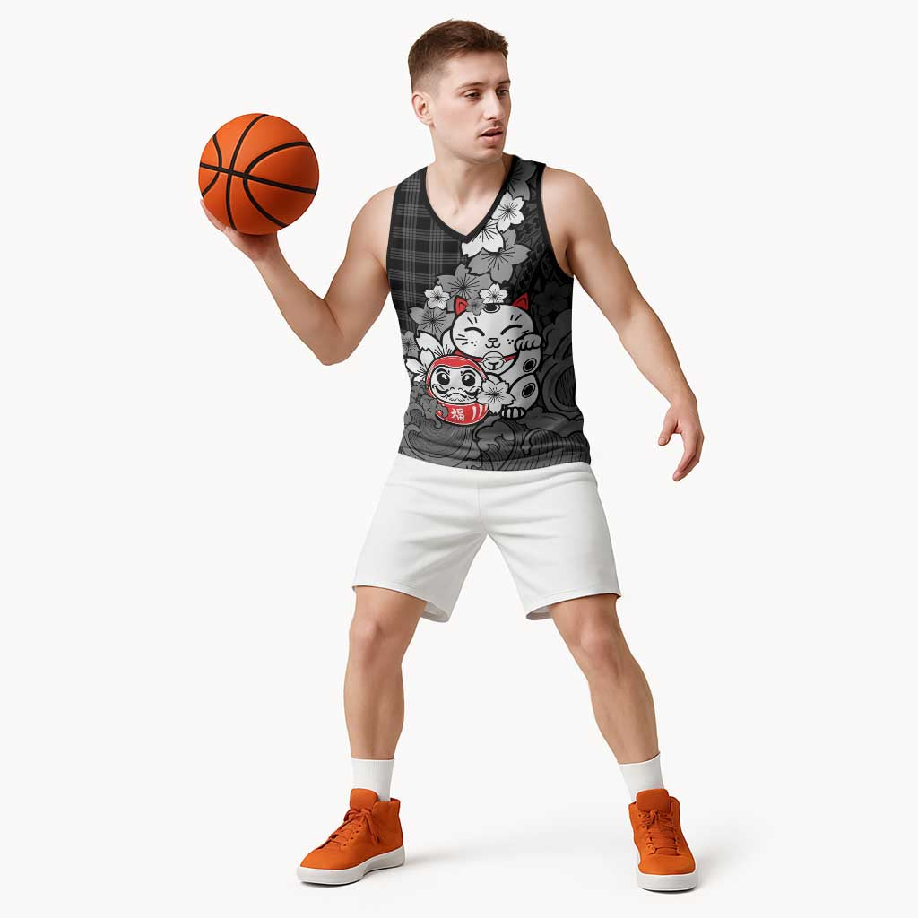 Black Palaka Hawaiian And Japanese Basketball Jersey Maneki Neko And Sakura Bloom DT05 - Polynesian Pride