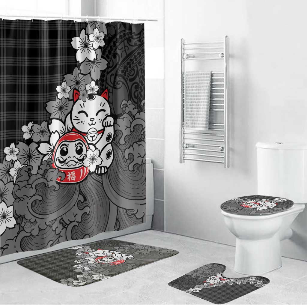 Black Palaka Hawaiian And Japanese Bathroom Set Maneki Neko And Sakura Bloom