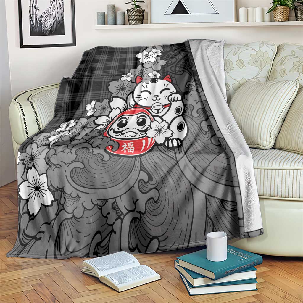 Black Palaka Hawaiian And Japanese Blanket Maneki Neko And Sakura Bloom