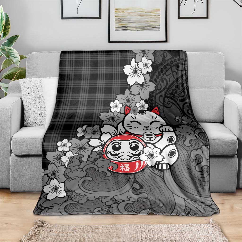 Black Palaka Hawaiian And Japanese Blanket Maneki Neko And Sakura Bloom