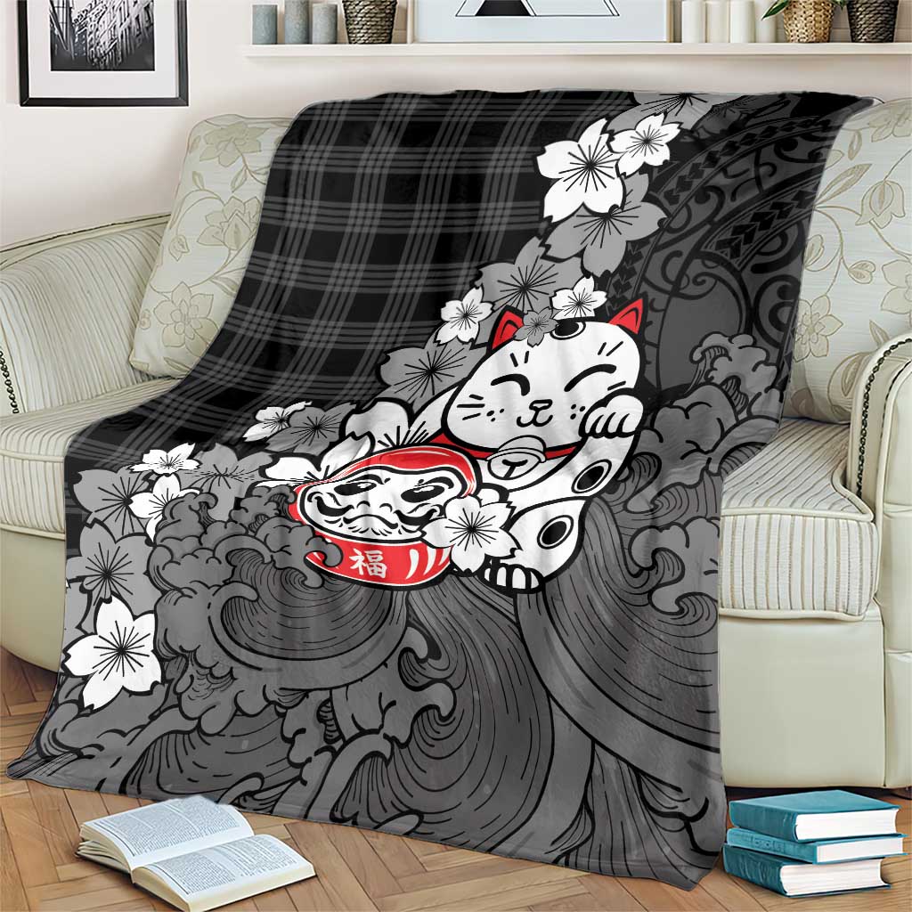 Black Palaka Hawaiian And Japanese Blanket Maneki Neko And Sakura Bloom