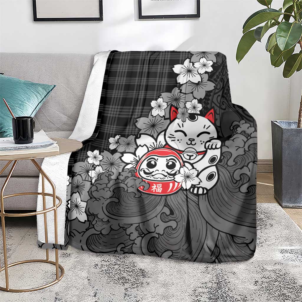 Black Palaka Hawaiian And Japanese Blanket Maneki Neko And Sakura Bloom