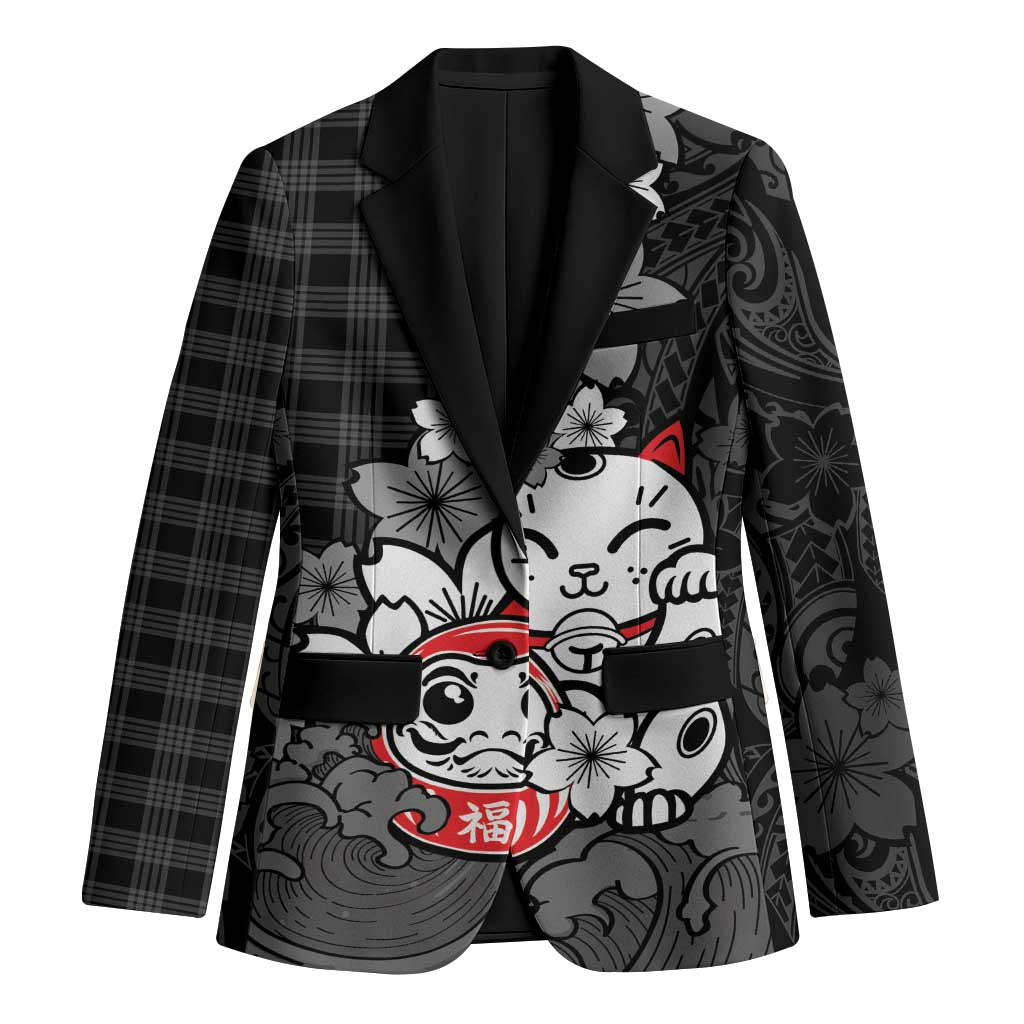 Black Palaka Hawaiian And Japanese Blazer Maneki Neko And Sakura Bloom DT05 Unisex Black - Polynesian Pride