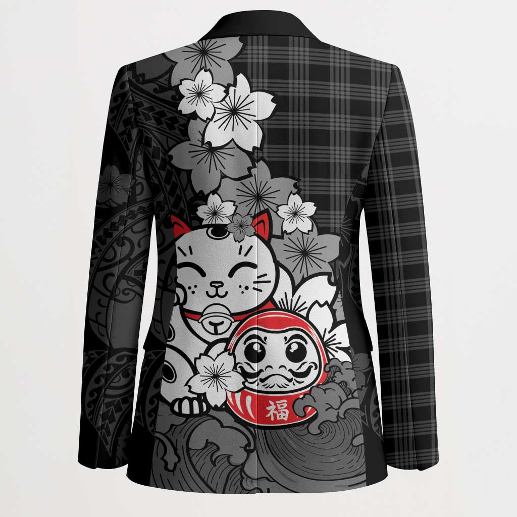 Black Palaka Hawaiian And Japanese Blazer Maneki Neko And Sakura Bloom