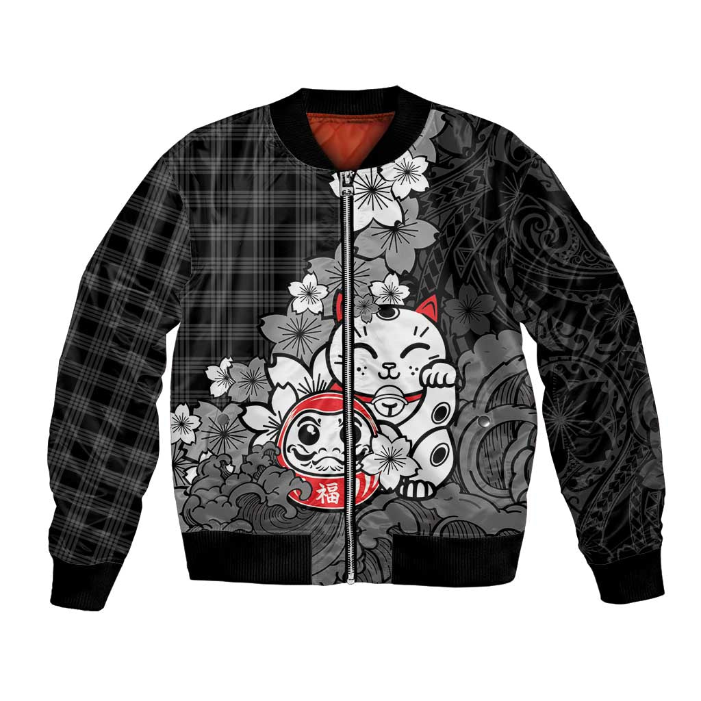 Black Palaka Hawaiian And Japanese Bomber Jacket Maneki Neko And Sakura Bloom