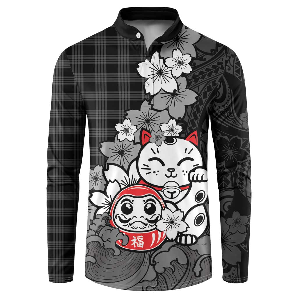 Black Palaka Hawaiian And Japanese Button Sweatshirt Maneki Neko And Sakura Bloom