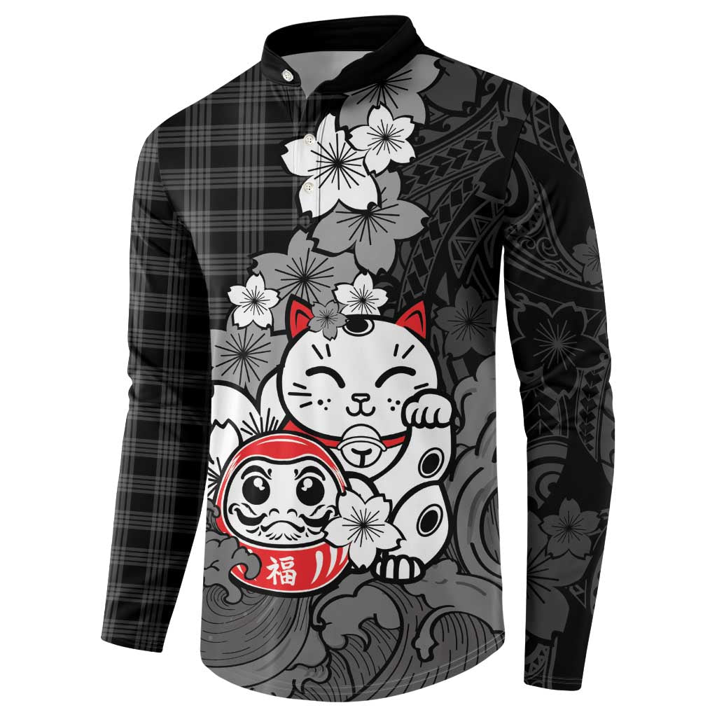 Black Palaka Hawaiian And Japanese Button Sweatshirt Maneki Neko And Sakura Bloom
