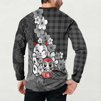 Black Palaka Hawaiian And Japanese Button Sweatshirt Maneki Neko And Sakura Bloom