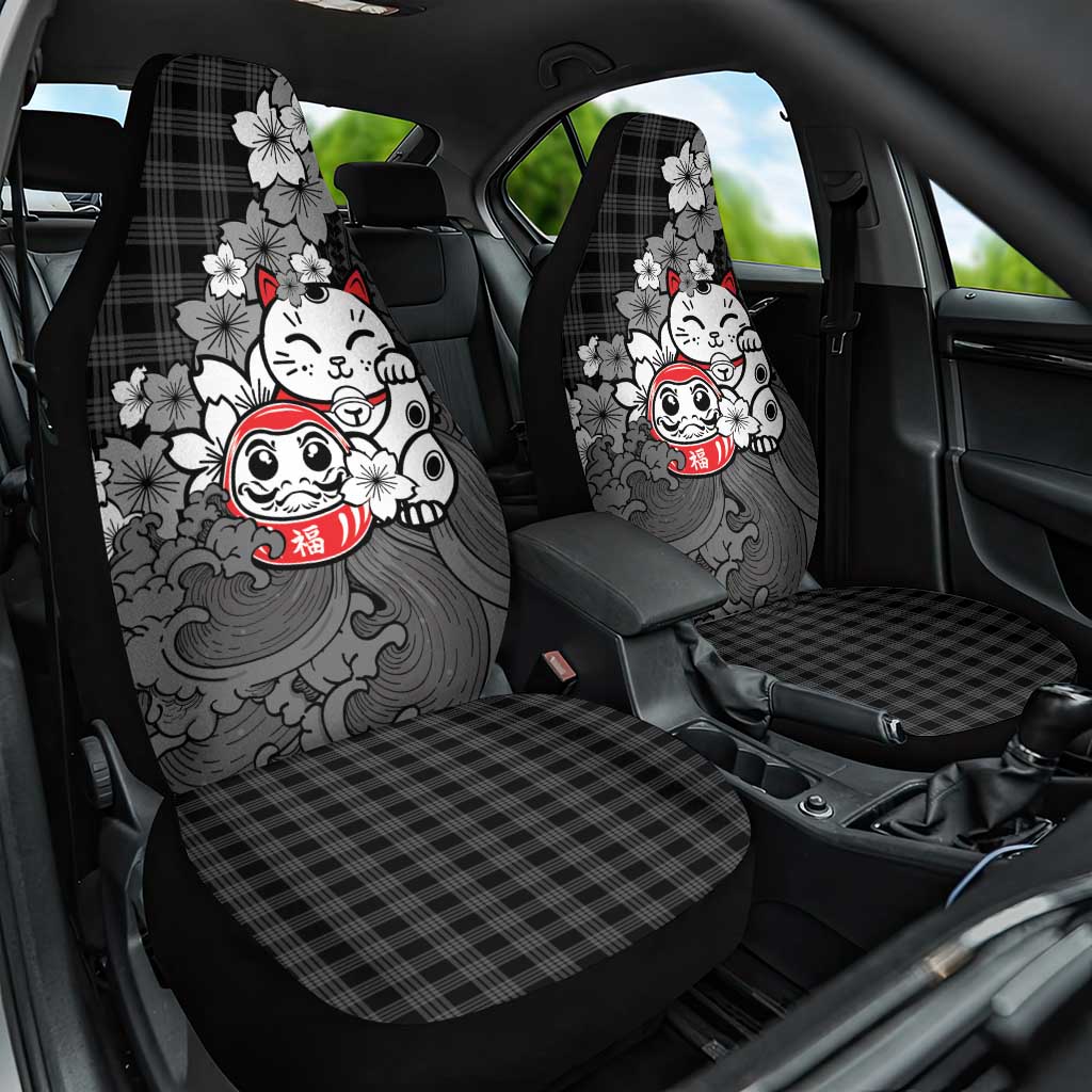 Black Palaka Hawaiian And Japanese Car Seat Cover Maneki Neko And Sakura Bloom DT05 One Size Black - Polynesian Pride