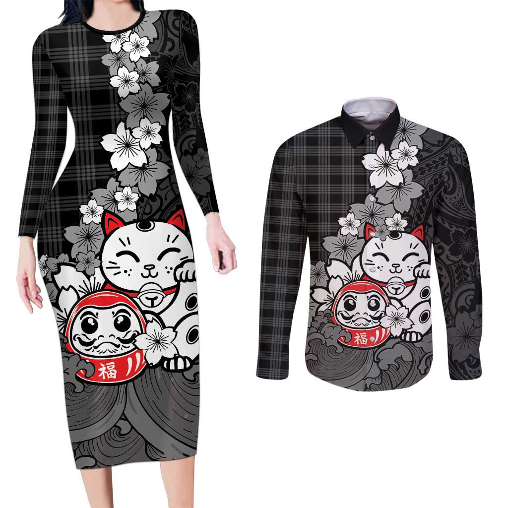 Black Palaka Hawaiian And Japanese Couples Matching Long Sleeve Bodycon Dress and Long Sleeve Button Shirt Maneki Neko And Sakura Bloom