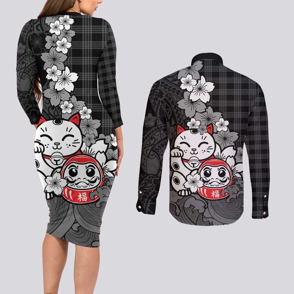 Black Palaka Hawaiian And Japanese Couples Matching Long Sleeve Bodycon Dress and Long Sleeve Button Shirt Maneki Neko And Sakura Bloom