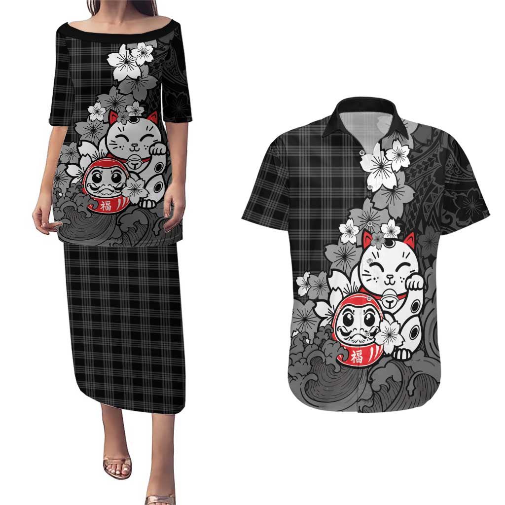 Black Palaka Hawaiian And Japanese Couples Matching Puletasi and Hawaiian Shirt Maneki Neko And Sakura Bloom