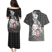 Black Palaka Hawaiian And Japanese Couples Matching Puletasi and Hawaiian Shirt Maneki Neko And Sakura Bloom