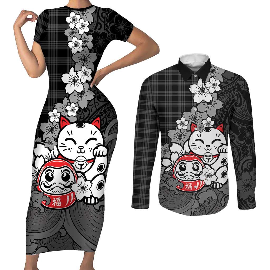 Black Palaka Hawaiian And Japanese Couples Matching Short Sleeve Bodycon Dress and Long Sleeve Button Shirt Maneki Neko And Sakura Bloom