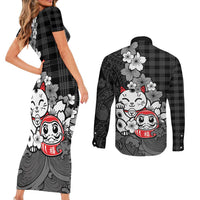 Black Palaka Hawaiian And Japanese Couples Matching Short Sleeve Bodycon Dress and Long Sleeve Button Shirt Maneki Neko And Sakura Bloom
