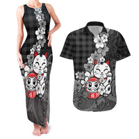 Black Palaka Hawaiian And Japanese Couples Matching Tank Maxi Dress and Hawaiian Shirt Maneki Neko And Sakura Bloom