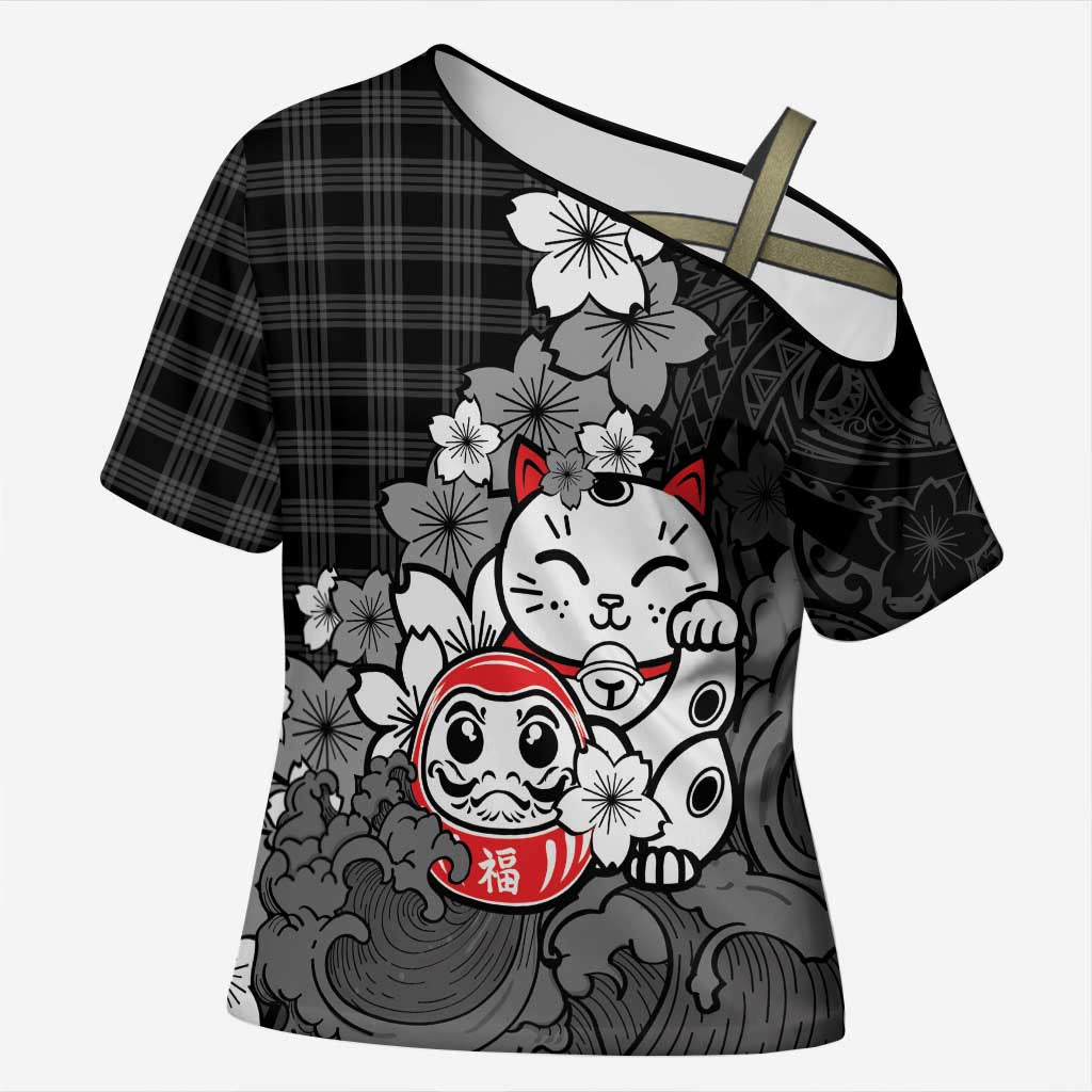 Black Palaka Hawaiian And Japanese Cross Shoulder Shirt Maneki Neko And Sakura Bloom DT05 Female Black - Polynesian Pride
