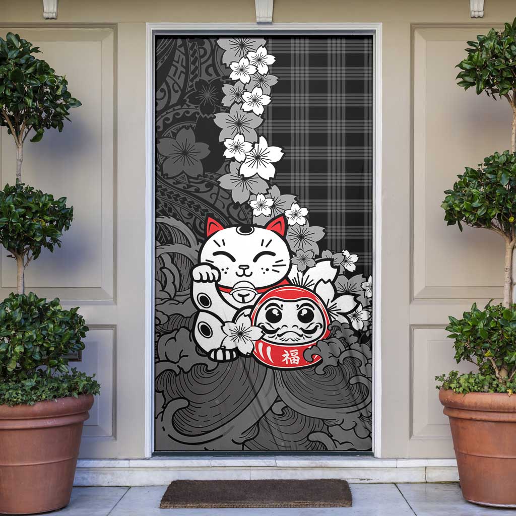 Black Palaka Hawaiian And Japanese Door Cover Maneki Neko And Sakura Bloom DT05 Black - Polynesian Pride