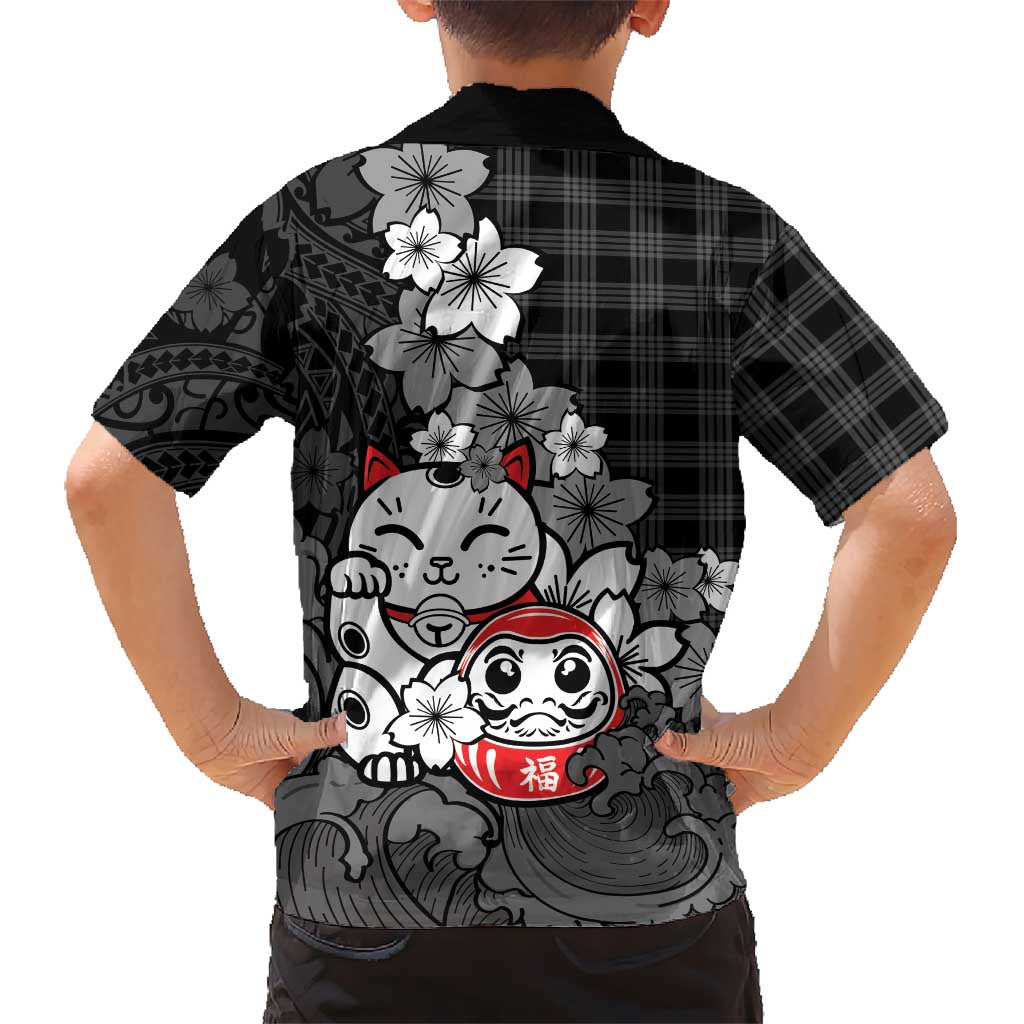 Black Palaka Hawaiian And Japanese Family Matching Mermaid Dress and Hawaiian Shirt Maneki Neko And Sakura Bloom