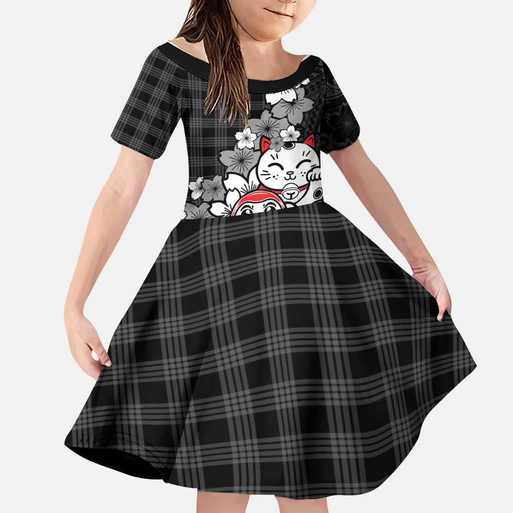 Black Palaka Hawaiian And Japanese Family Matching Mermaid Dress and Hawaiian Shirt Maneki Neko And Sakura Bloom