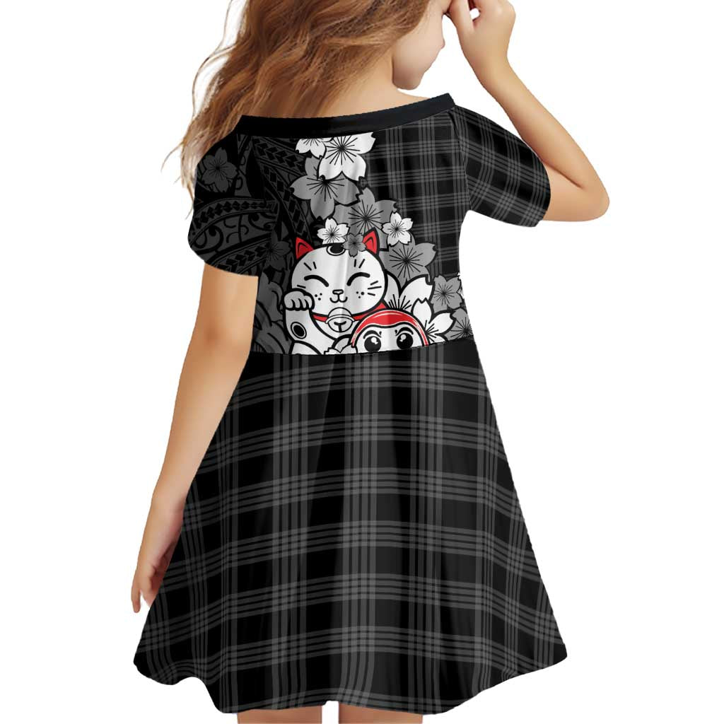 Black Palaka Hawaiian And Japanese Family Matching Mermaid Dress and Hawaiian Shirt Maneki Neko And Sakura Bloom