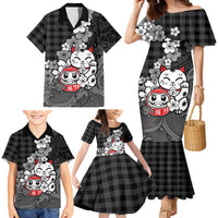 Black Palaka Hawaiian And Japanese Family Matching Mermaid Dress and Hawaiian Shirt Maneki Neko And Sakura Bloom
