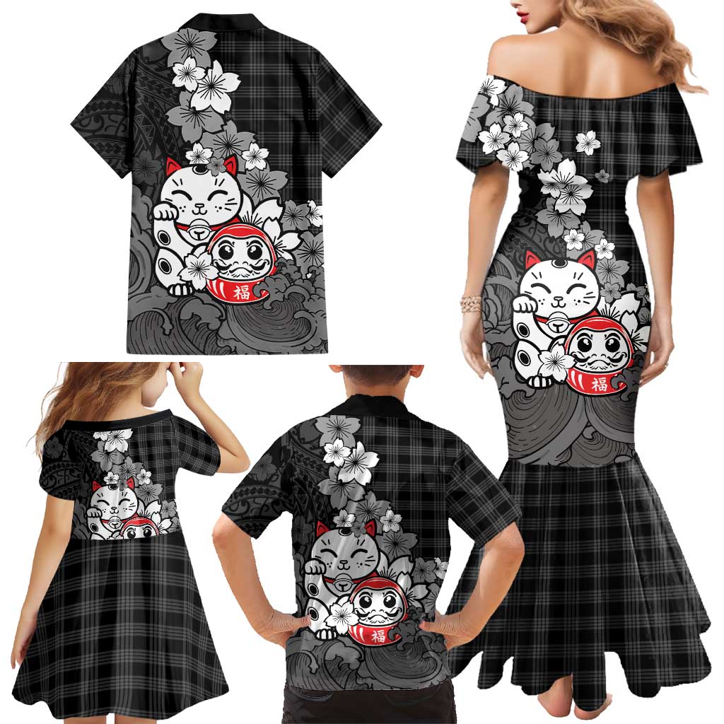 Black Palaka Hawaiian And Japanese Family Matching Mermaid Dress and Hawaiian Shirt Maneki Neko And Sakura Bloom