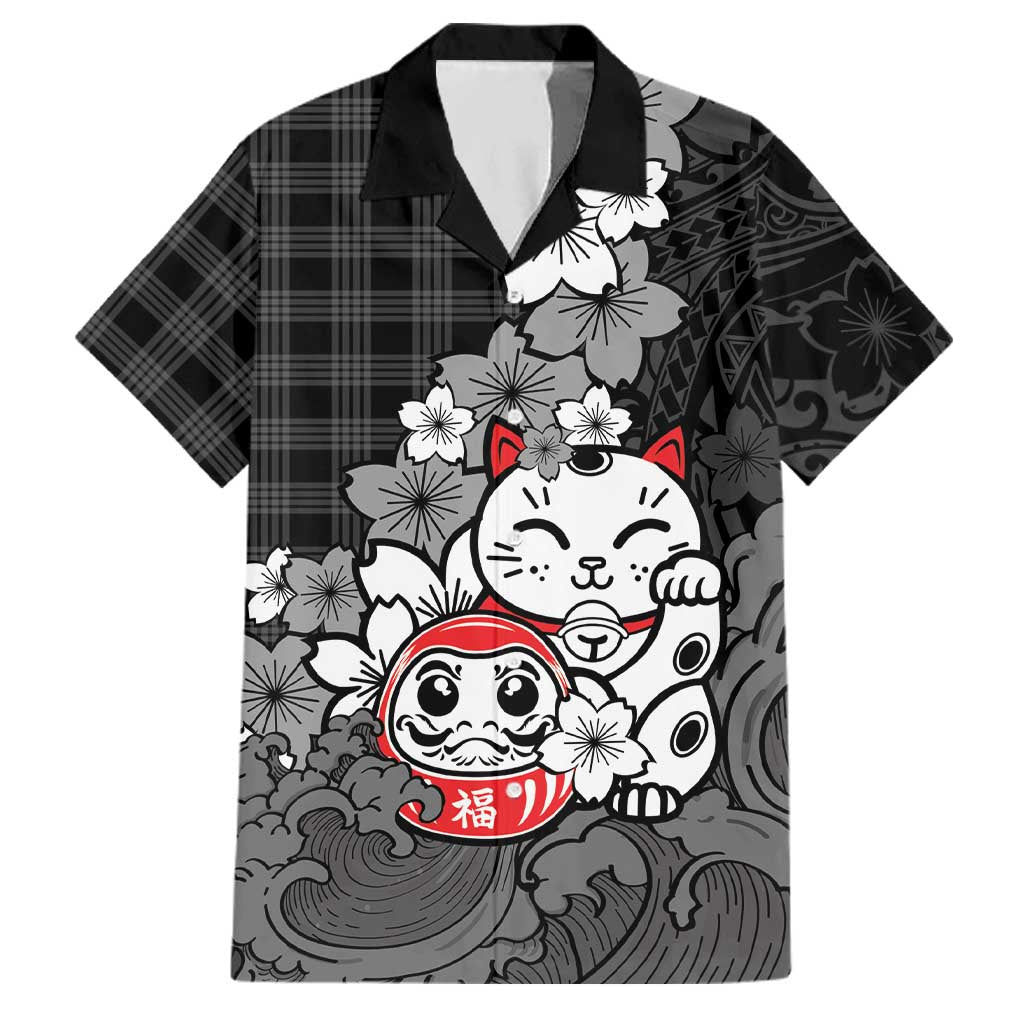 Black Palaka Hawaiian And Japanese Family Matching Mermaid Dress and Hawaiian Shirt Maneki Neko And Sakura Bloom