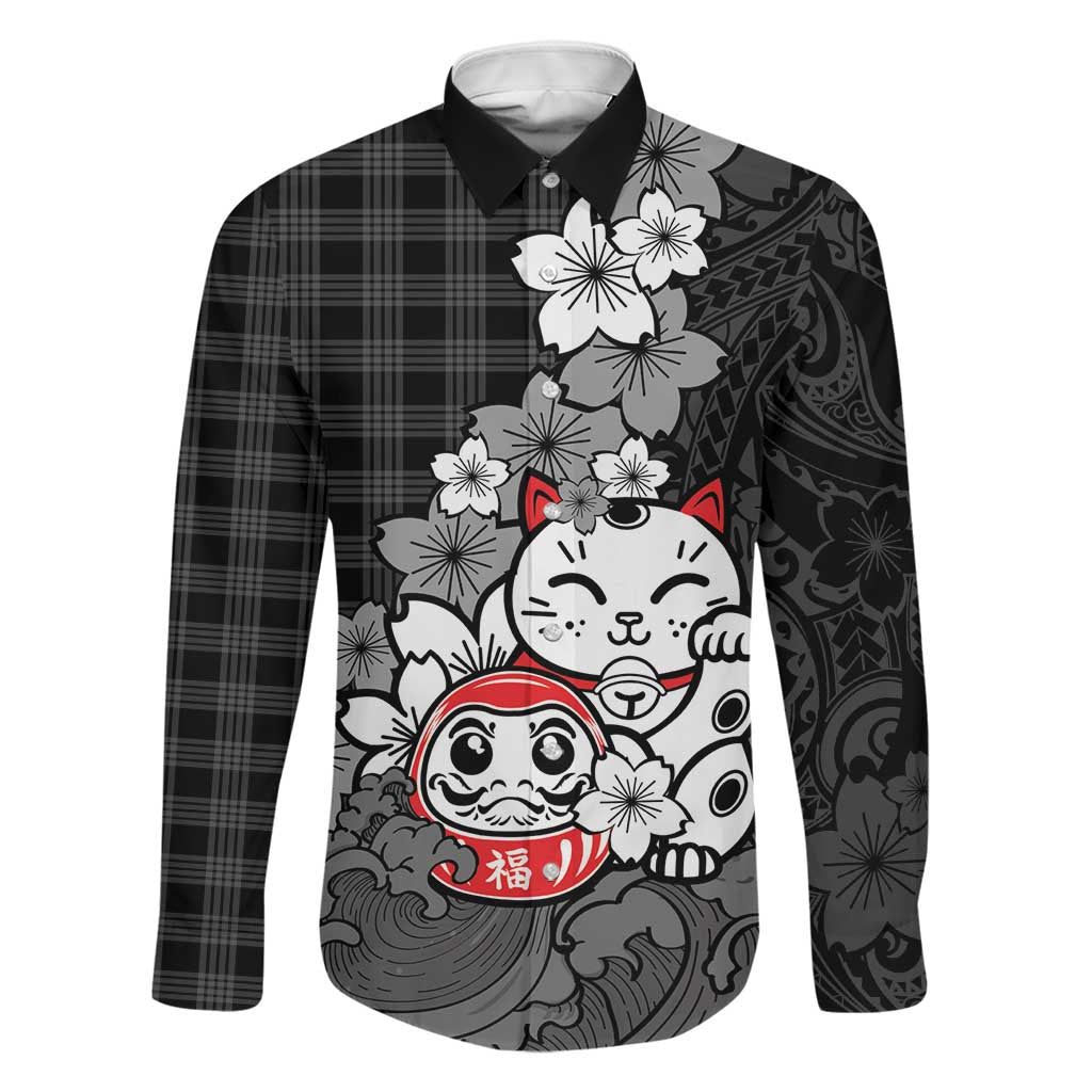 Black Palaka Hawaiian And Japanese Family Matching Mermaid Dress and Hawaiian Shirt Maneki Neko And Sakura Bloom