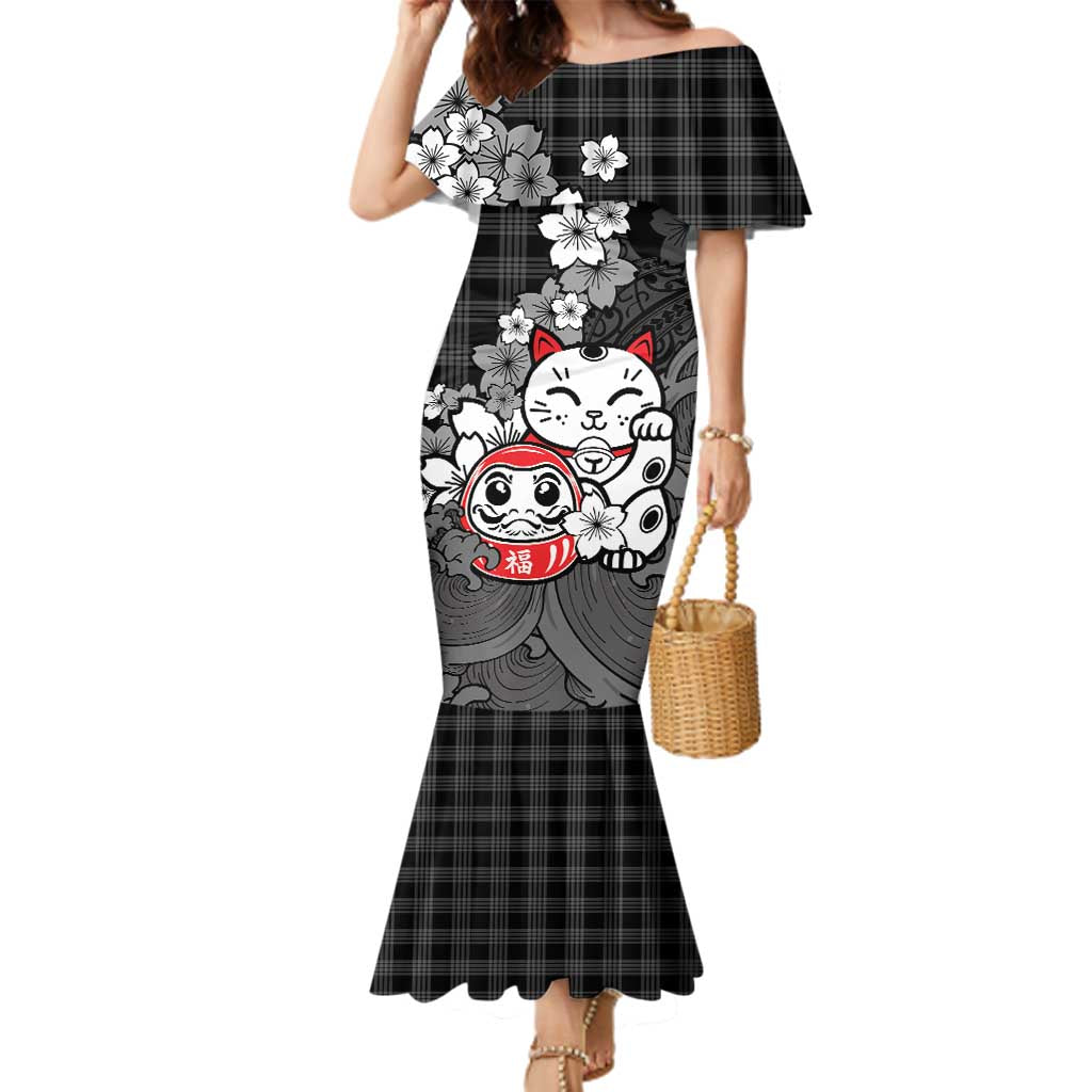 Black Palaka Hawaiian And Japanese Family Matching Mermaid Dress and Hawaiian Shirt Maneki Neko And Sakura Bloom