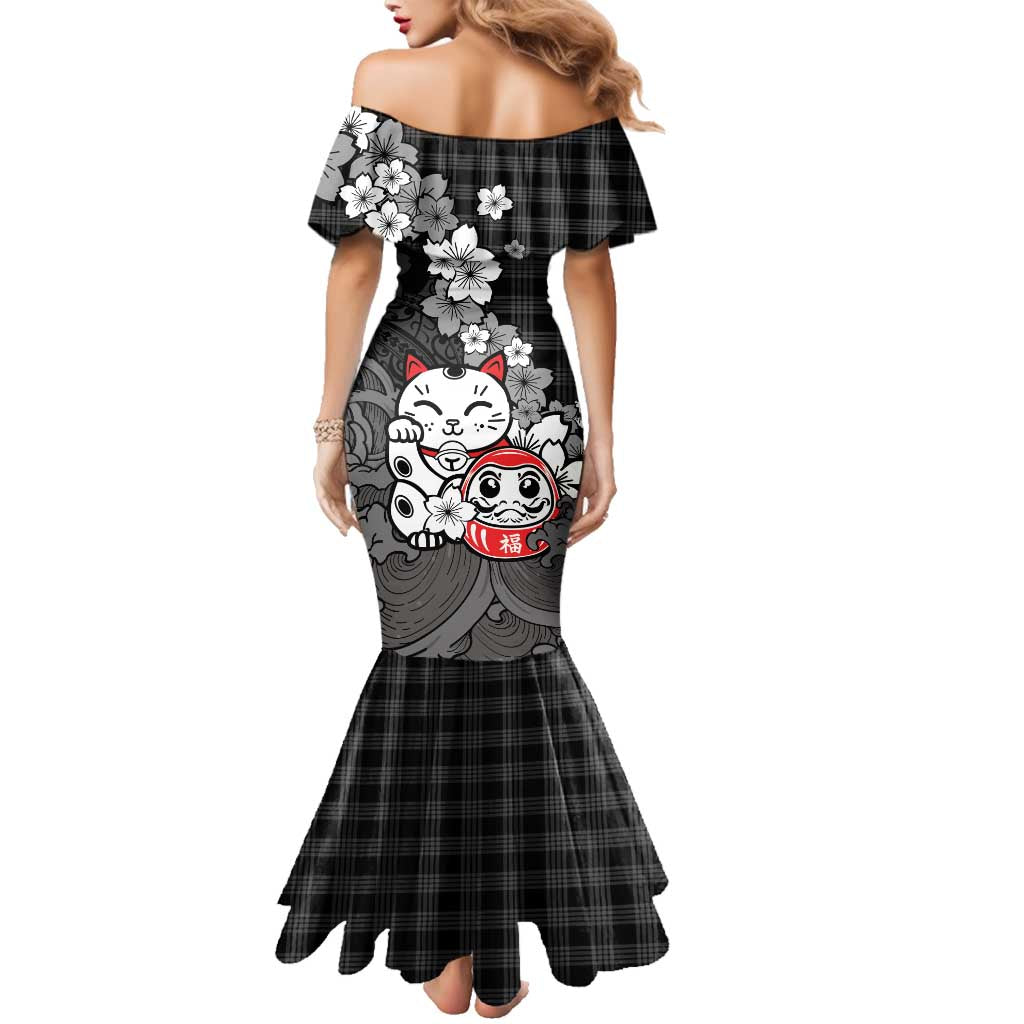 Black Palaka Hawaiian And Japanese Family Matching Mermaid Dress and Hawaiian Shirt Maneki Neko And Sakura Bloom