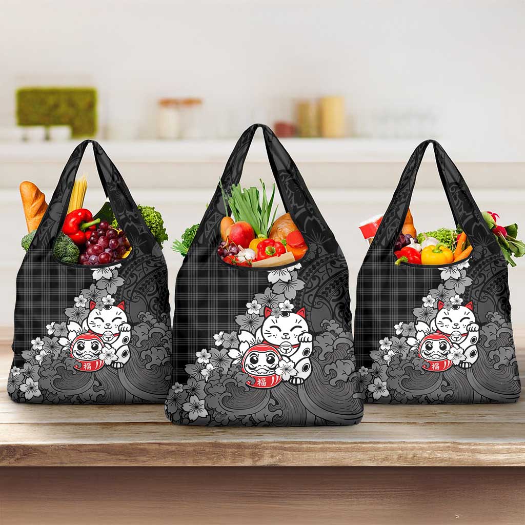 Black Palaka Hawaiian And Japanese Grocery Bag Maneki Neko And Sakura Bloom