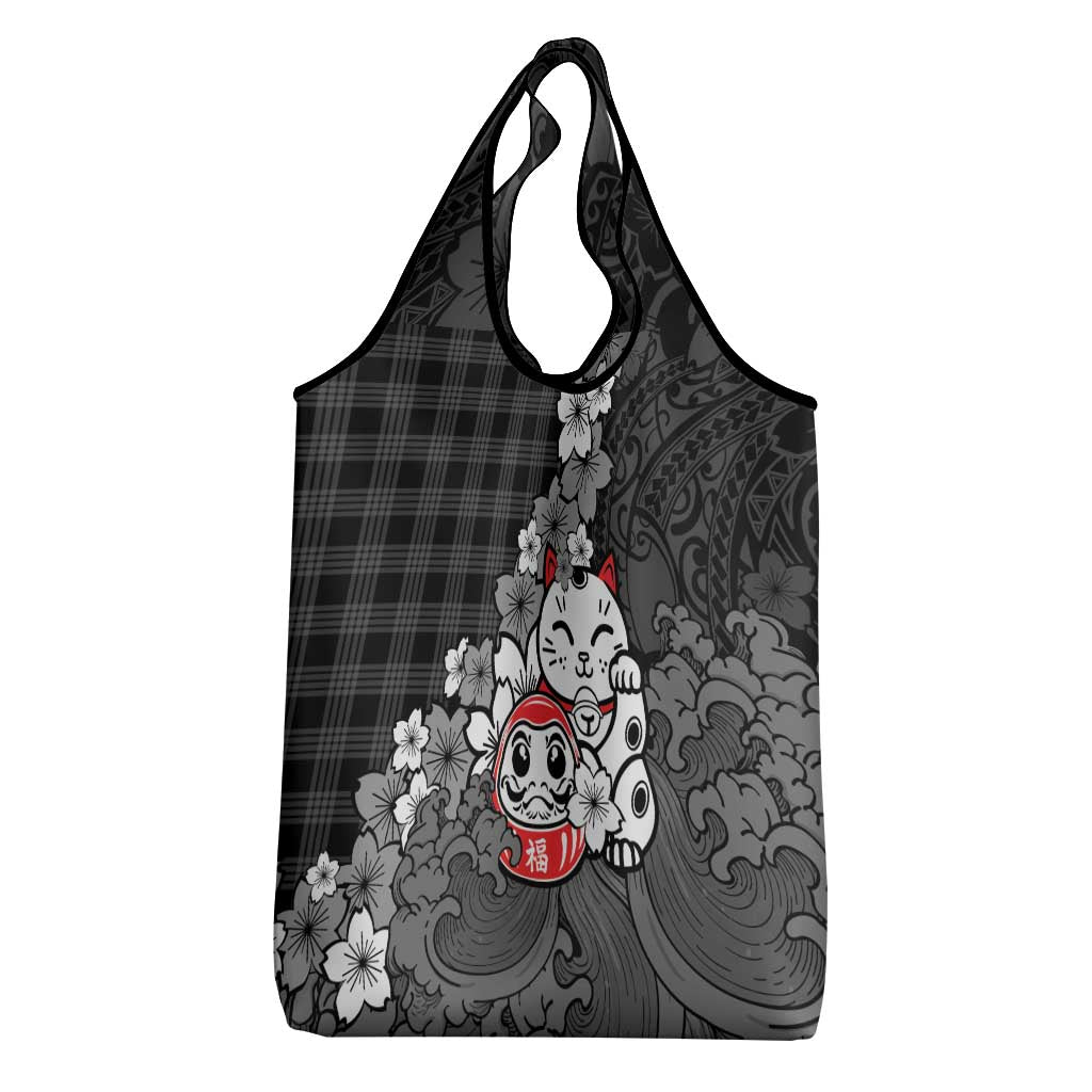 Black Palaka Hawaiian And Japanese Grocery Bag Maneki Neko And Sakura Bloom