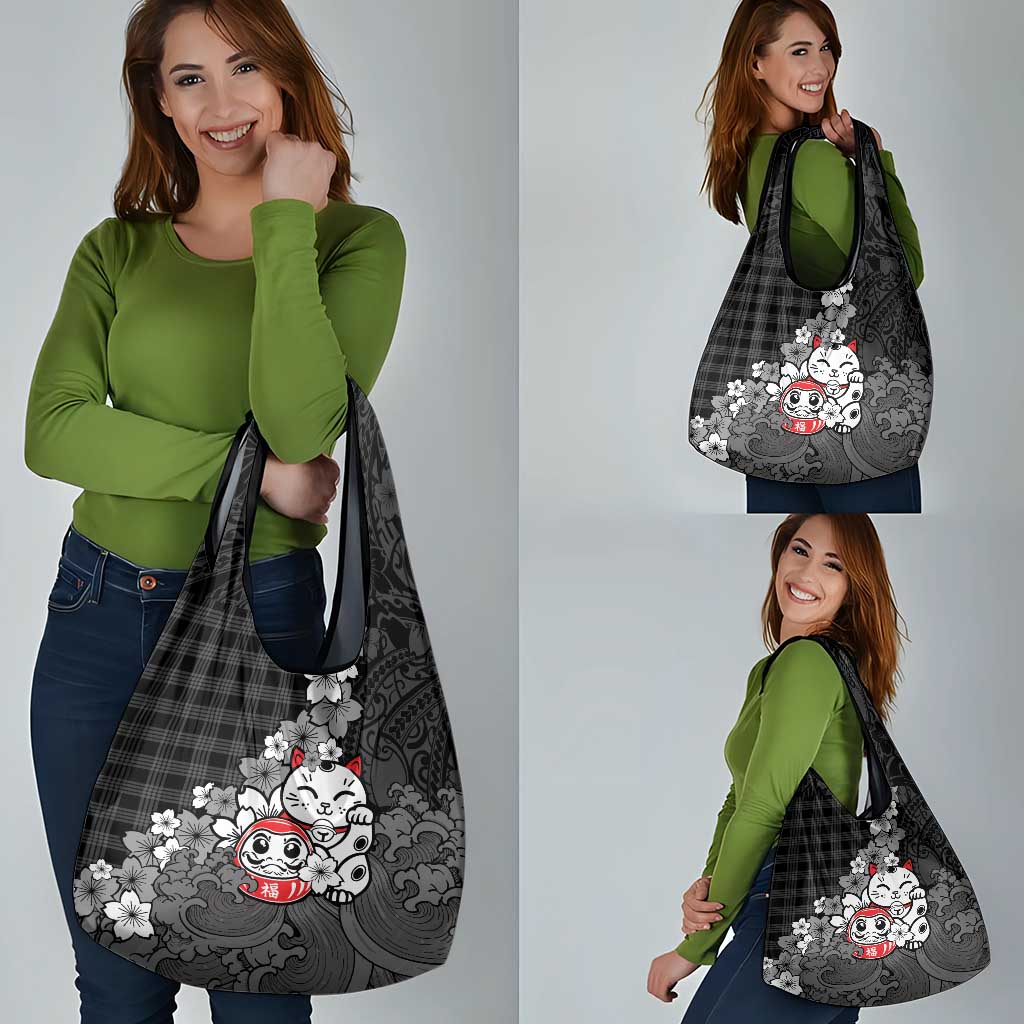Black Palaka Hawaiian And Japanese Grocery Bag Maneki Neko And Sakura Bloom