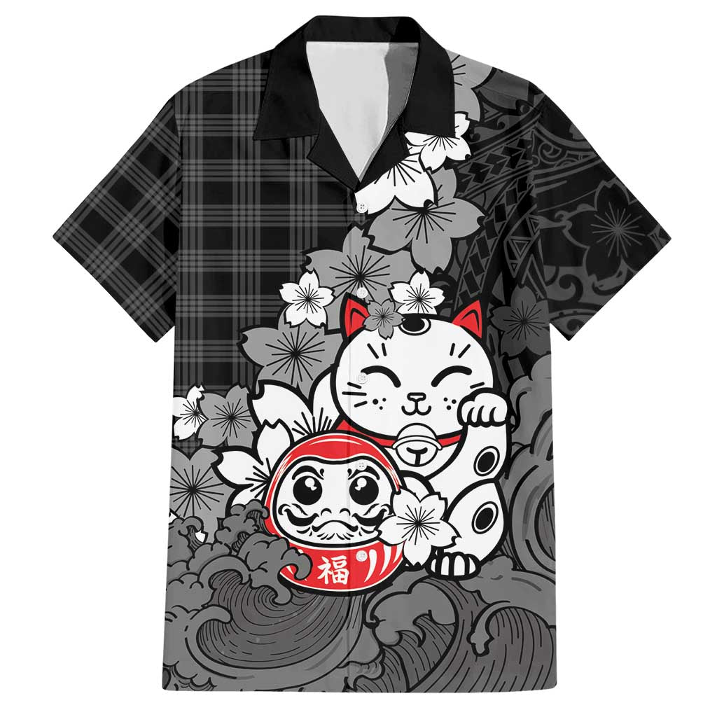 Black Palaka Hawaiian And Japanese Hawaiian Shirt Maneki Neko And Sakura Bloom