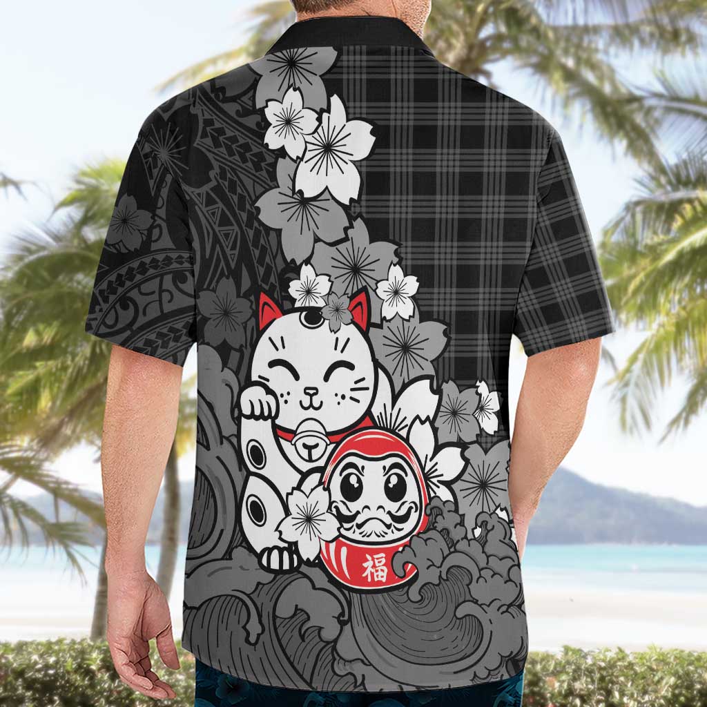 Black Palaka Hawaiian And Japanese Hawaiian Shirt Maneki Neko And Sakura Bloom