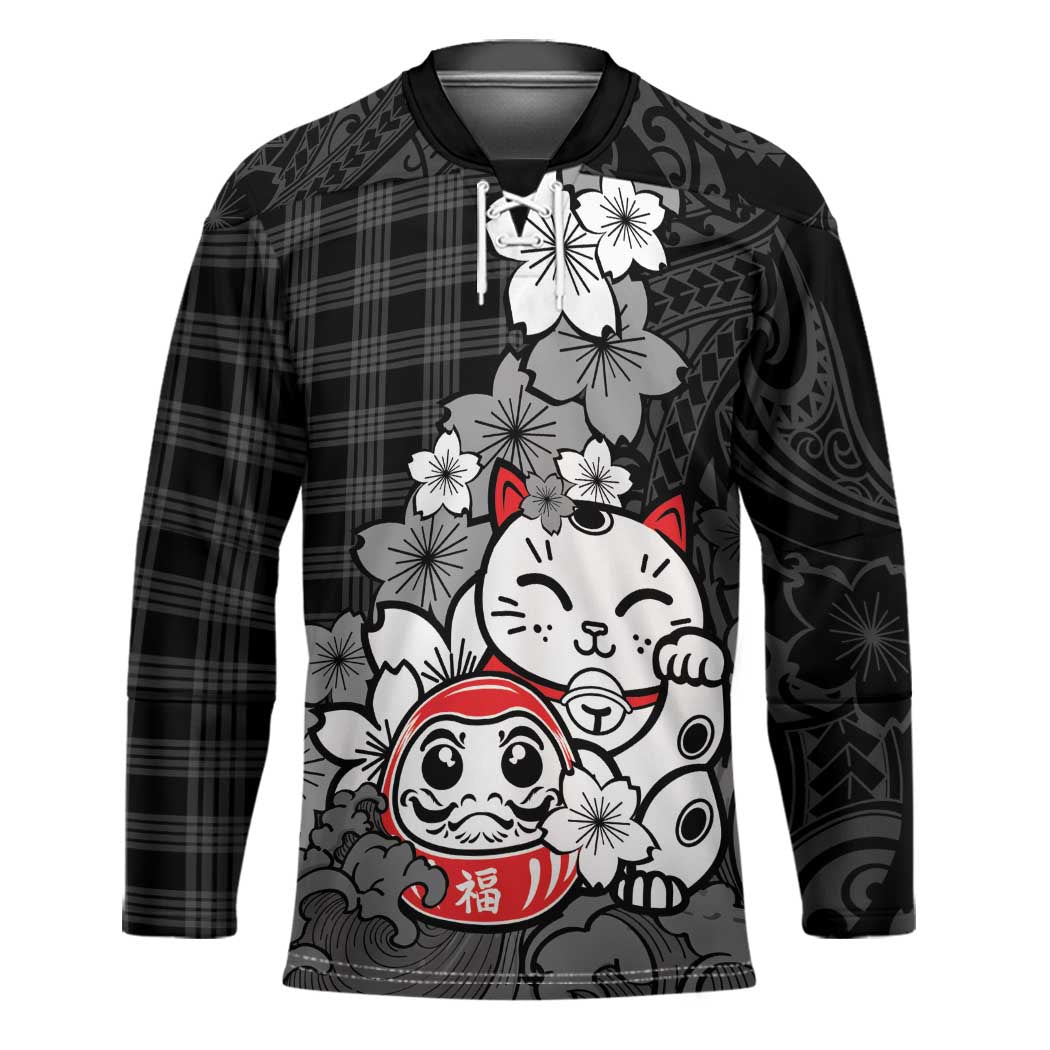 Black Palaka Hawaiian And Japanese Hockey Jersey Maneki Neko And Sakura Bloom