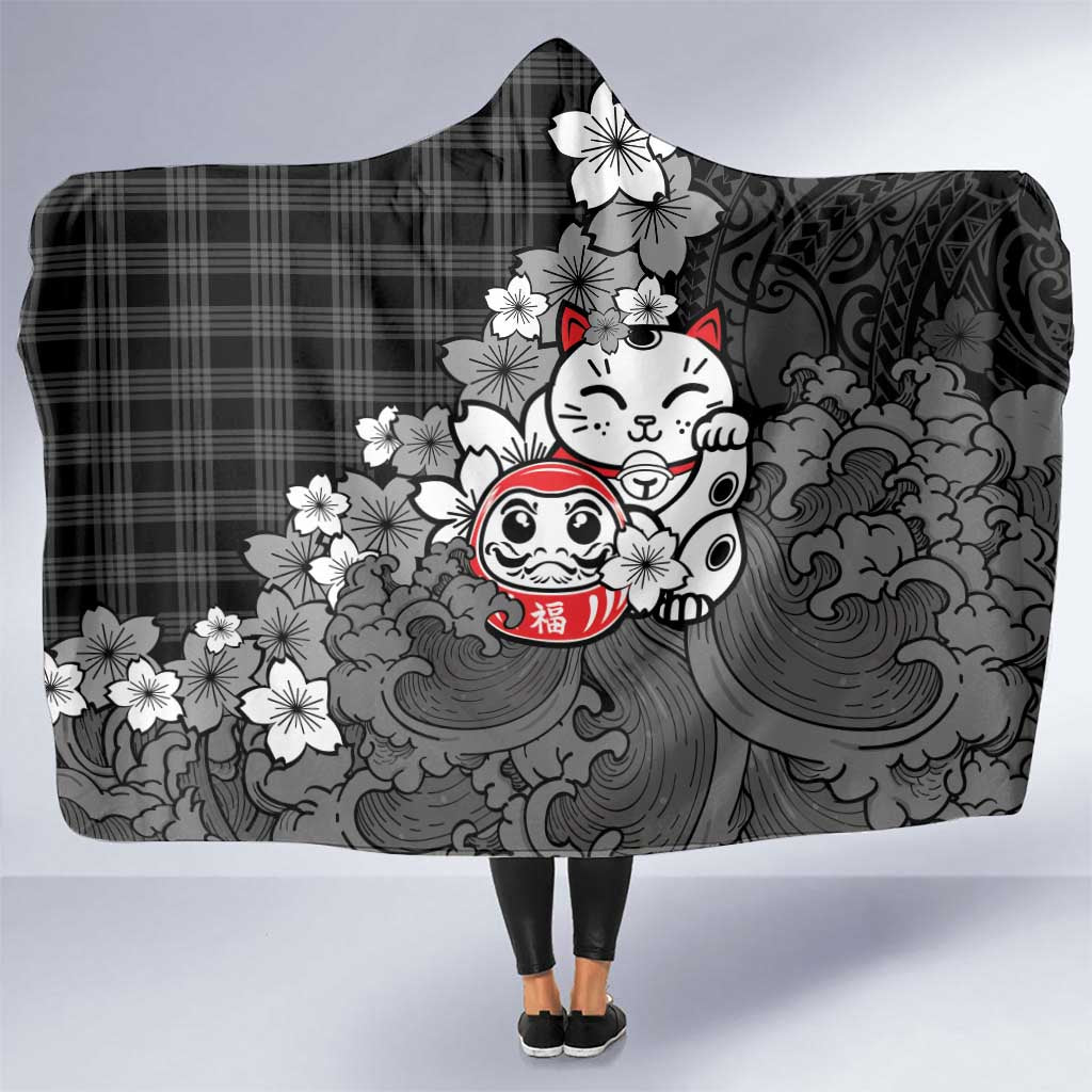 Black Palaka Hawaiian And Japanese Hooded Blanket Maneki Neko And Sakura Bloom